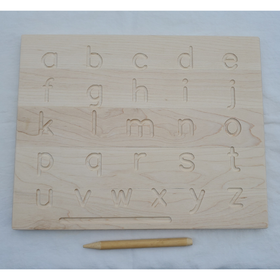 Handmade Double-sided wooden alphabet tracing boards with letters, shapes, or numbers.